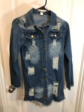Distressed Long Denim Ripped Jacket Medium